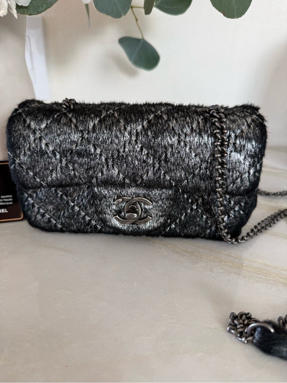 CHANEL Black Metallic Quilted Crossbody with Chain